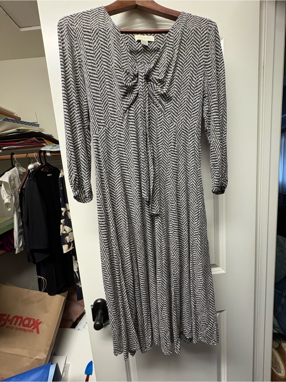 Anthropologie Black and White Chevron Tie-Front Midi Dress